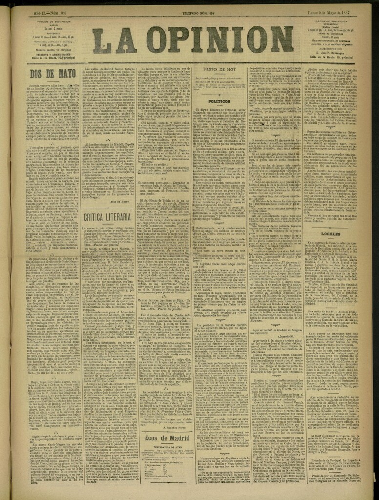 Miniatura de La Opinión del 2 de mayo de 1887, nº 358