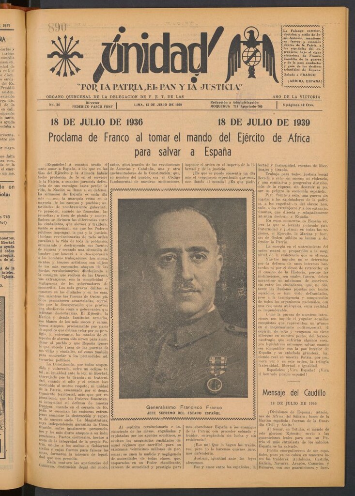 Miniatura de ¡Unidad! : órgano quincenal de la delegación de F.E.T. de las J.O.N.S. del 15 de julio de 1939