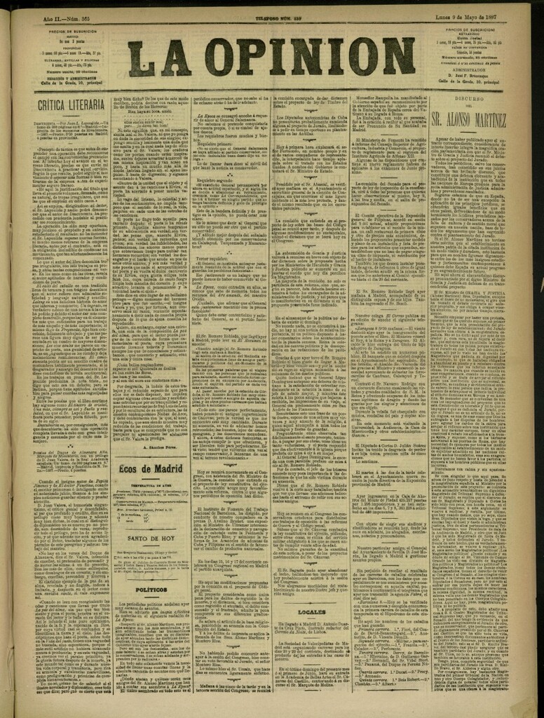 Miniatura de La Opinión del 9 de mayo de 1887, nº 365