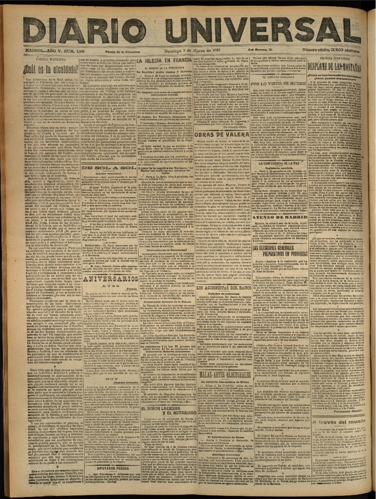 Miniatura de Diario Universal del 3 de marzo de 1907, edición de noche