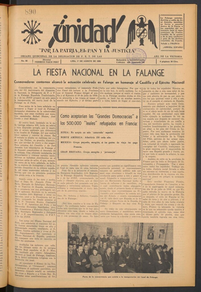 Miniatura de ¡Unidad! : órgano quincenal de la delegación de F.E.T. de las J.O.N.S. del 1 de agosto de 1939