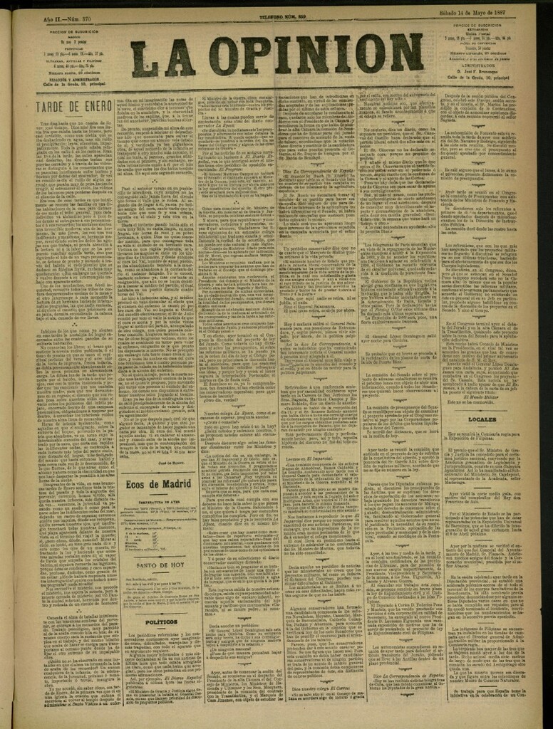 Miniatura de La Opinión (1887) del 14 de mayo de 1887, nº 370