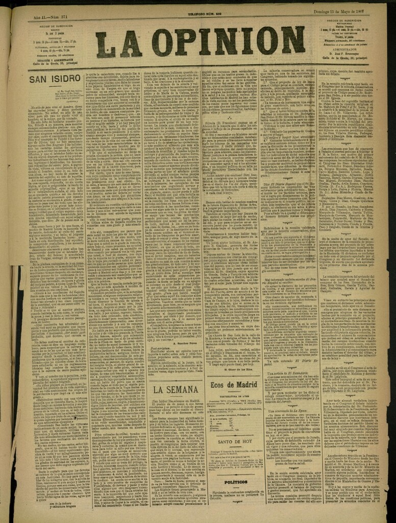 Miniatura de La Opinión del 15 de mayo de 1887, nº 371