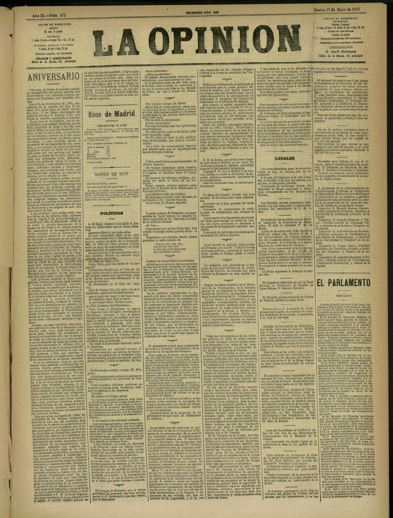 Miniatura de La Opinión del 17 de mayo de 1887, nº 372