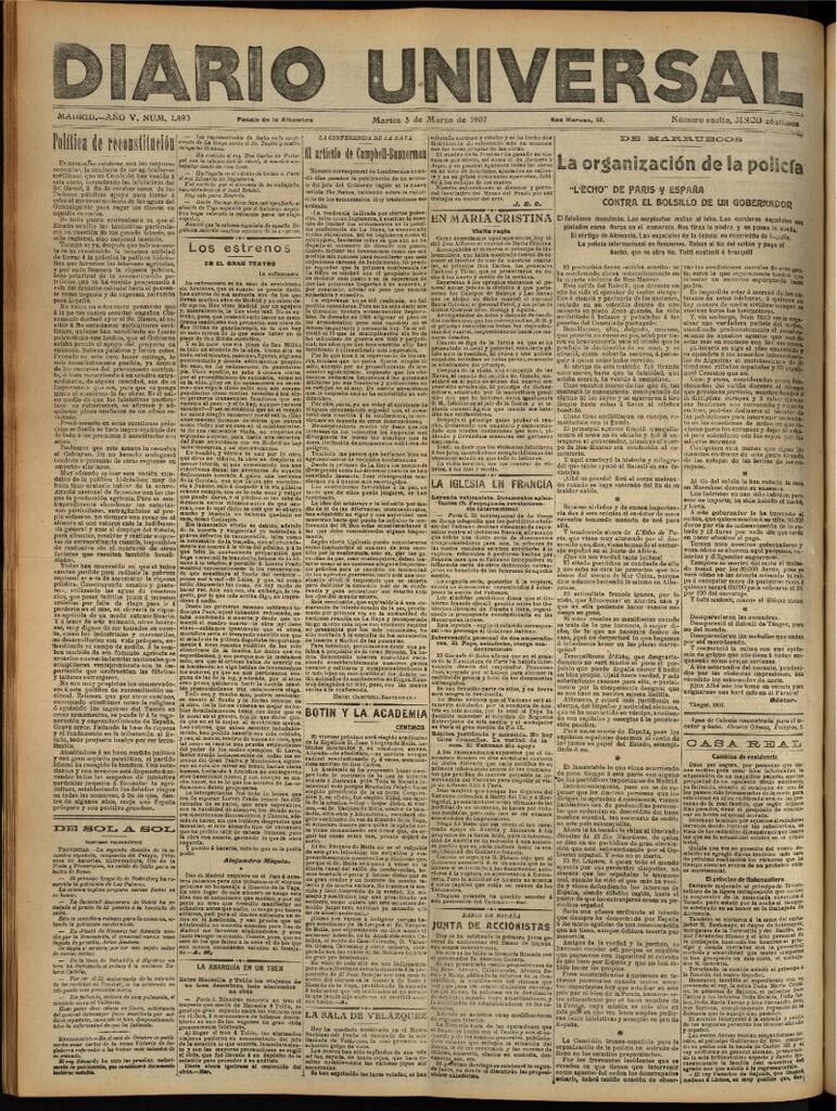 Miniatura de Diario Universal del 5 de marzo de 1907, edición de noche