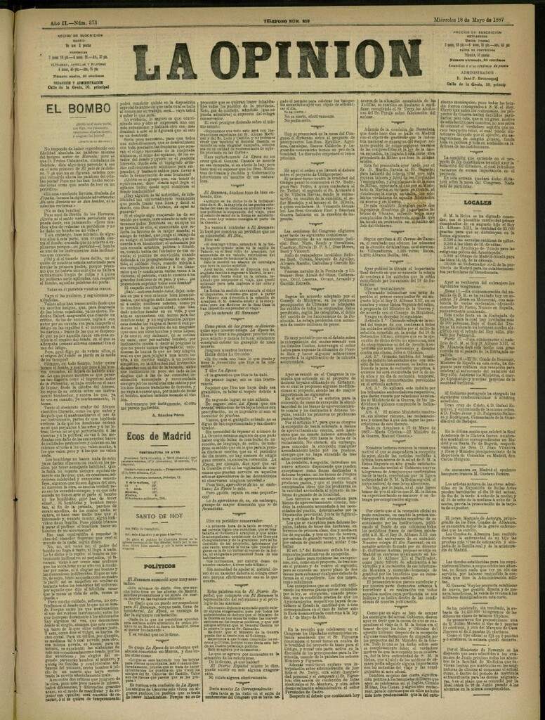 Miniatura de La Opinión del 18 de mayo de 1887, nº 373