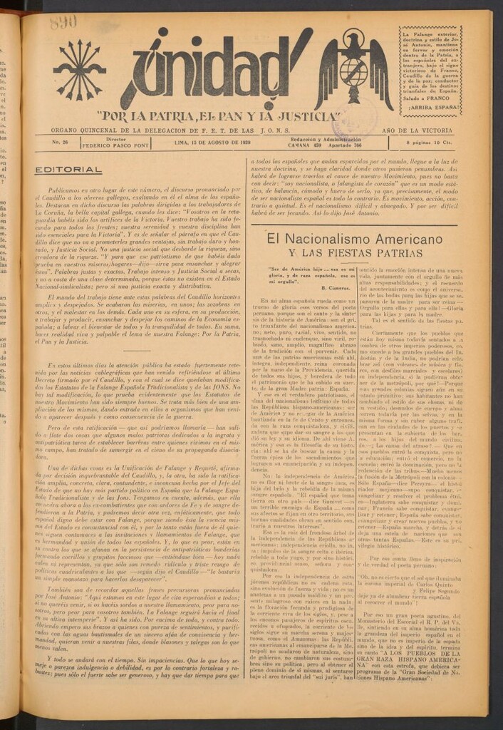 Miniatura de ¡Unidad! : órgano quincenal de la delegación de F.E.T. de las J.O.N.S. del 15 de agosto de 1939