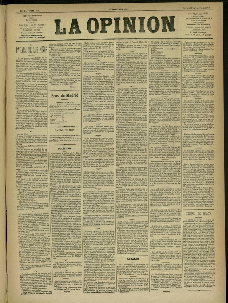 Miniatura de La Opinión del 20 de mayo de 1887, nº 375