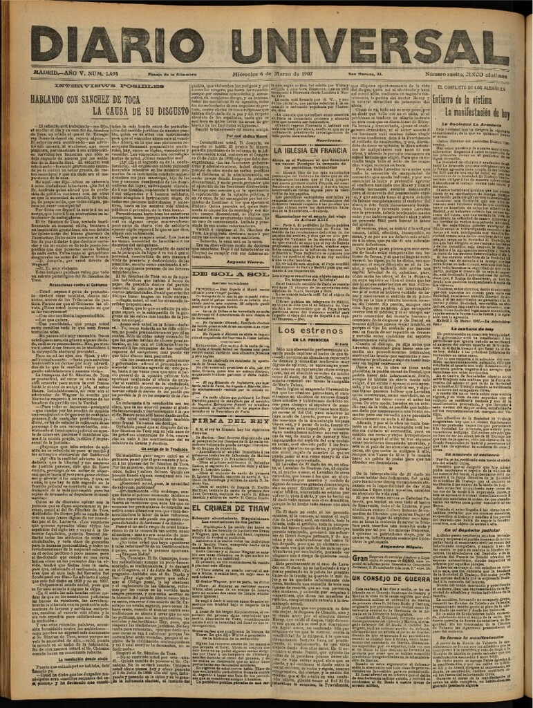 Miniatura de Diario Universal del 6 de marzo de 1907, edición de noche