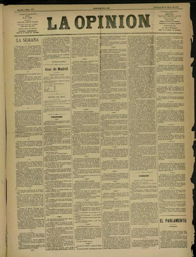 Miniatura de La Opinión del 22 de mayo de 1887, nº 377