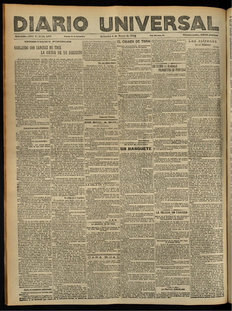 Miniatura de Diario Universal del 6 de marzo de 1907, edición de tarde