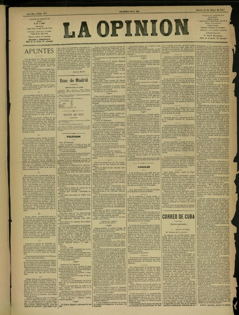 Miniatura de La Opinión del 24 de mayo de 1887, nº 379