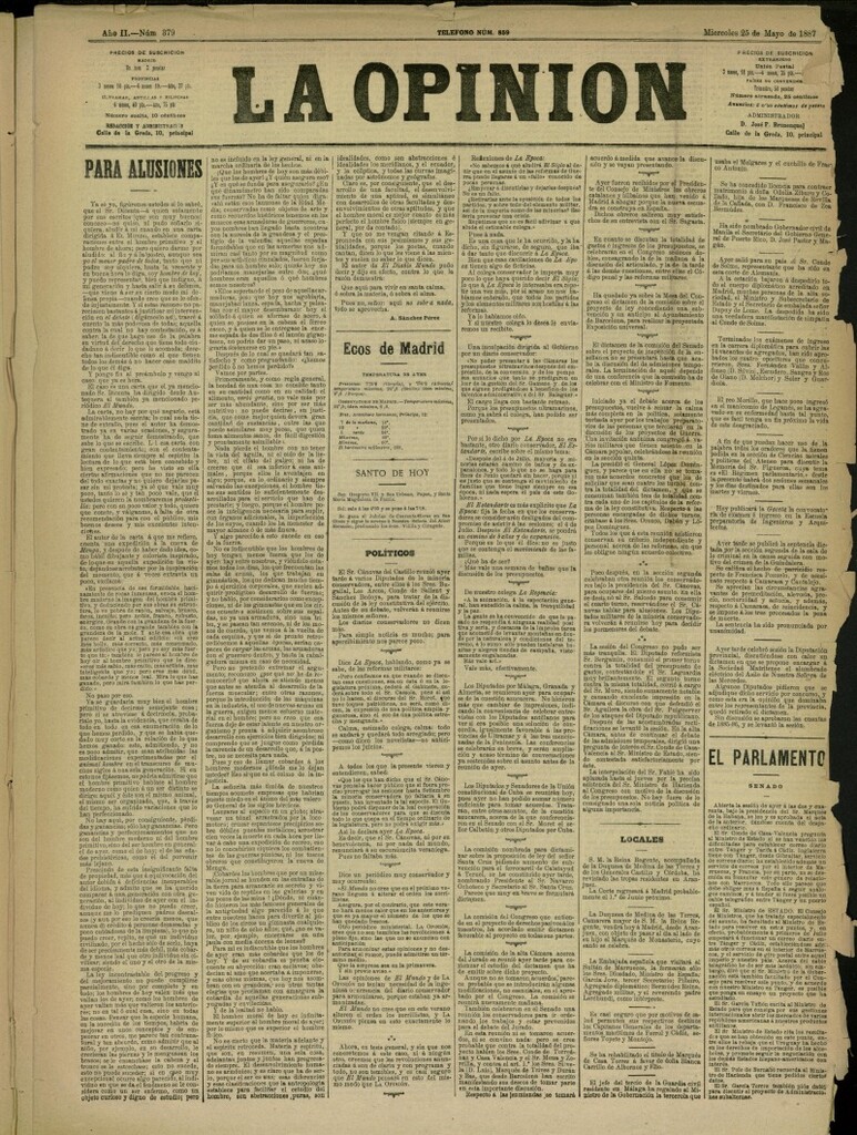 Miniatura de La Opinión del 25 de mayo de 1887, nº 379 [sic]
