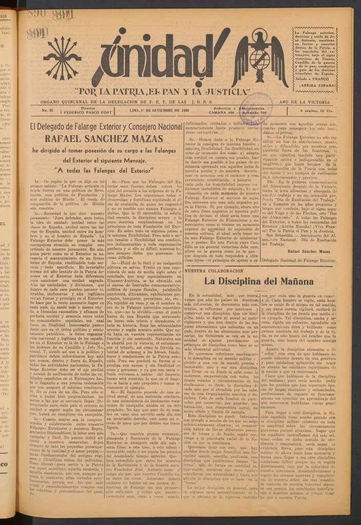 Miniatura de ¡Unidad! : órgano quincenal de la delegación de F.E.T. de las J.O.N.S. del 1 de septiembre de 1939