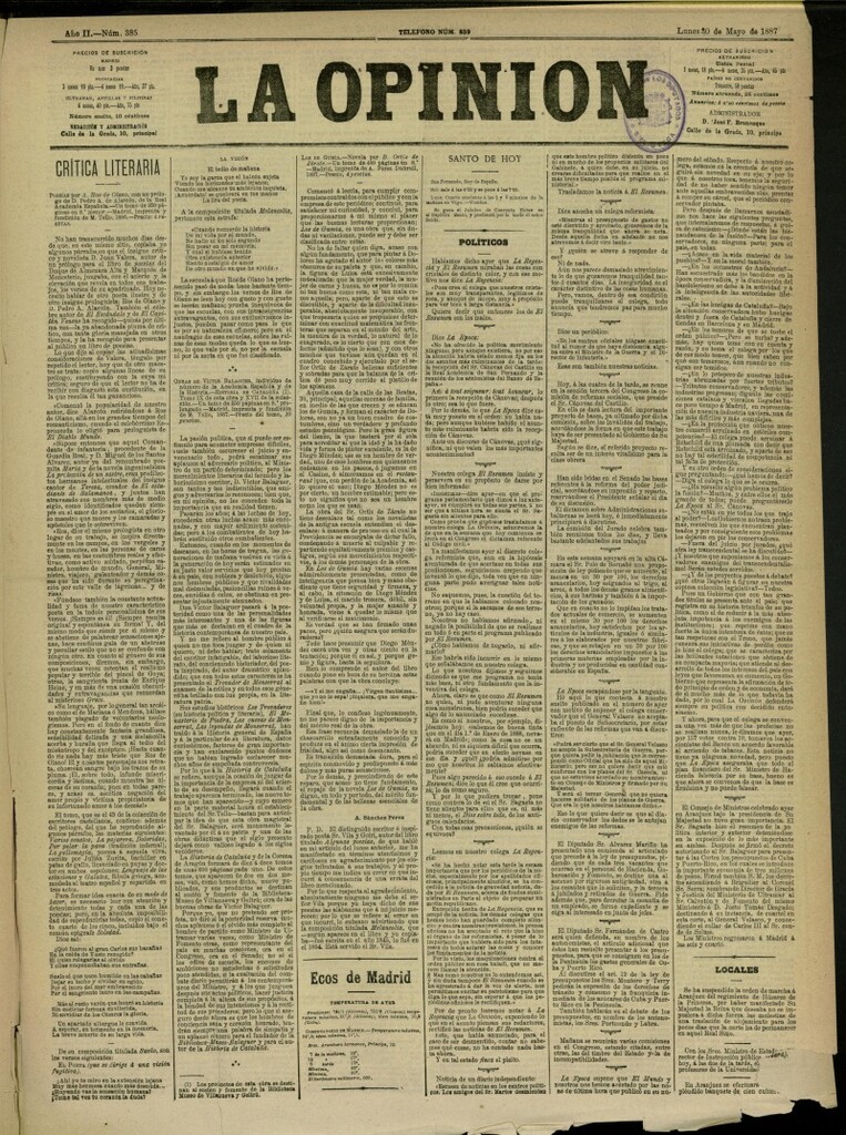 Miniatura de La Opinión del 30 de mayo de 1887, nº 385
