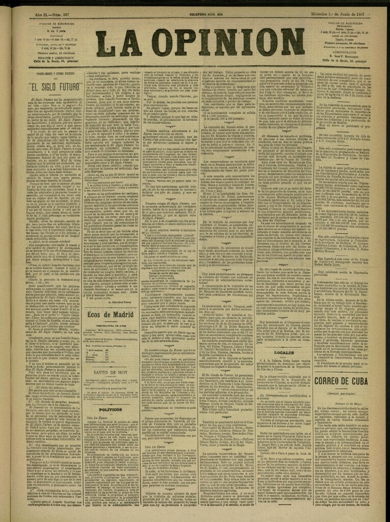 Miniatura de La Opinión del 1 de junio de 1887, nº 387