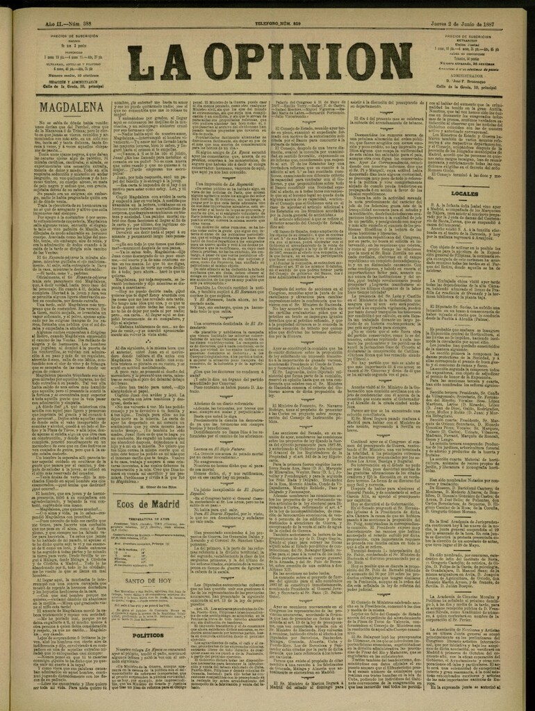 Miniatura de La Opinión del 2 de junio de 1887, nº 388
