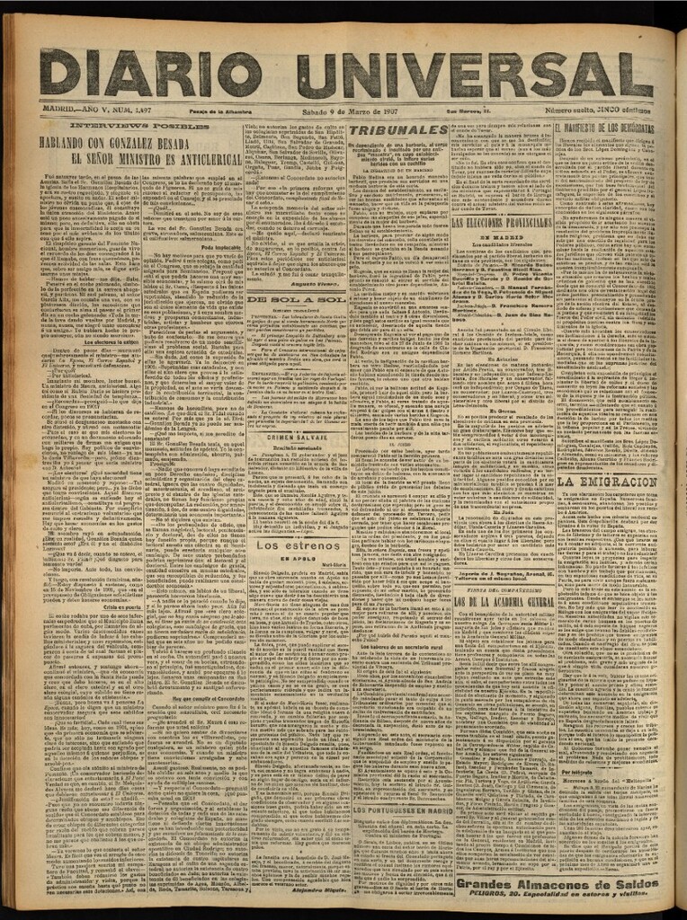Miniatura de Diario Universal del 9 de marzo de 1907, edición de noche