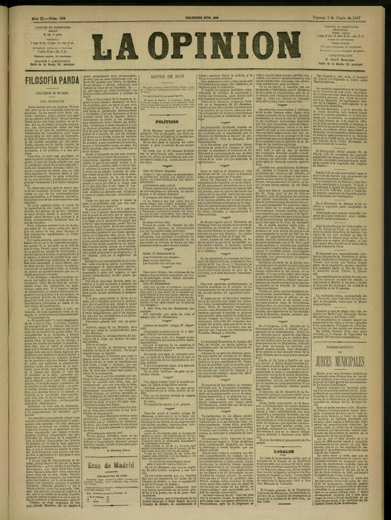 Miniatura de La Opinión del 3 de junio de 1887, nº 389