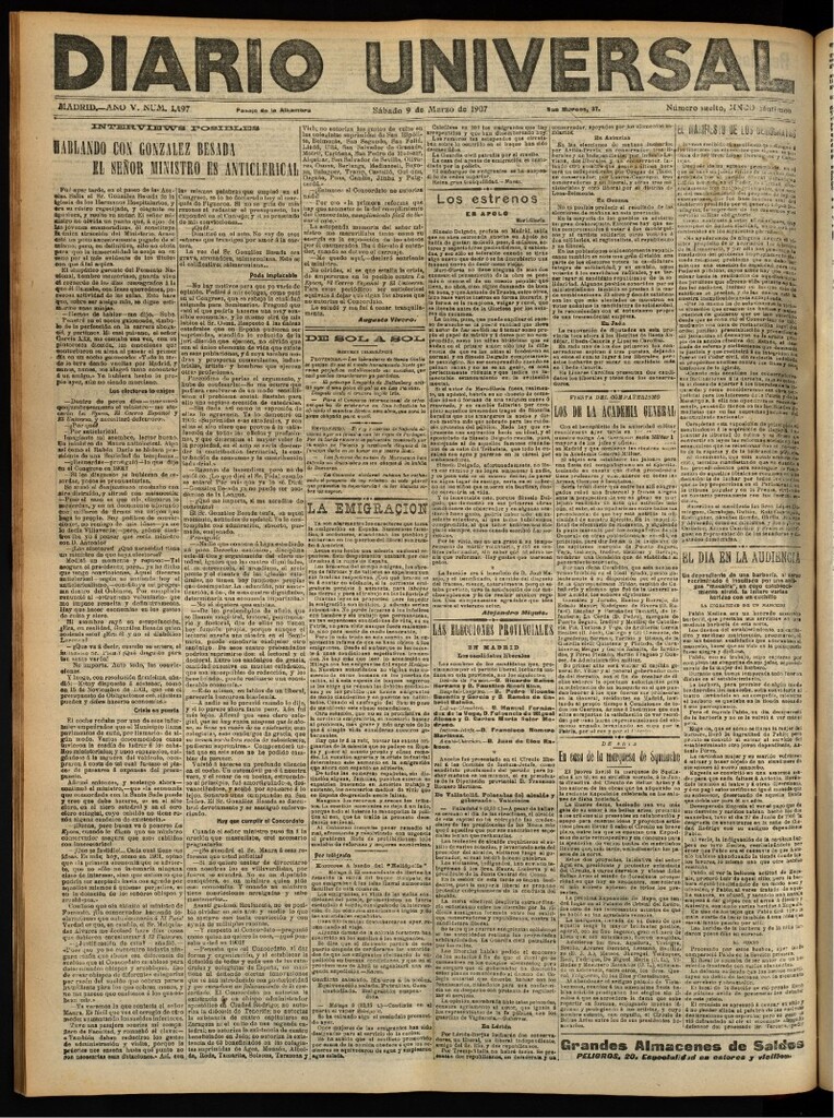 Miniatura de Diario Universal del 9 de marzo de 1907, edición de tarde