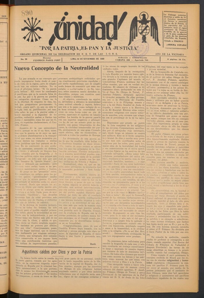 Miniatura de ¡Unidad! : órgano quincenal de la delegación de F.E.T. de las J.O.N.S. del 15 de septiembre de 1939