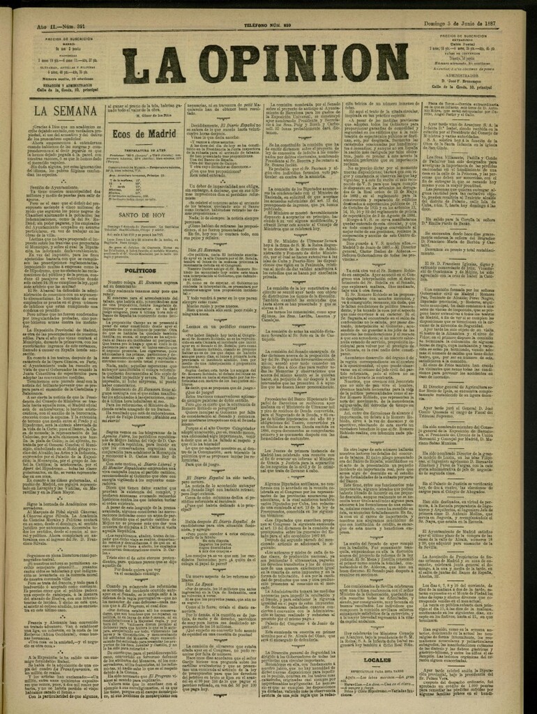 Miniatura de La Opinión del 5 de junio de 1887, nº 391