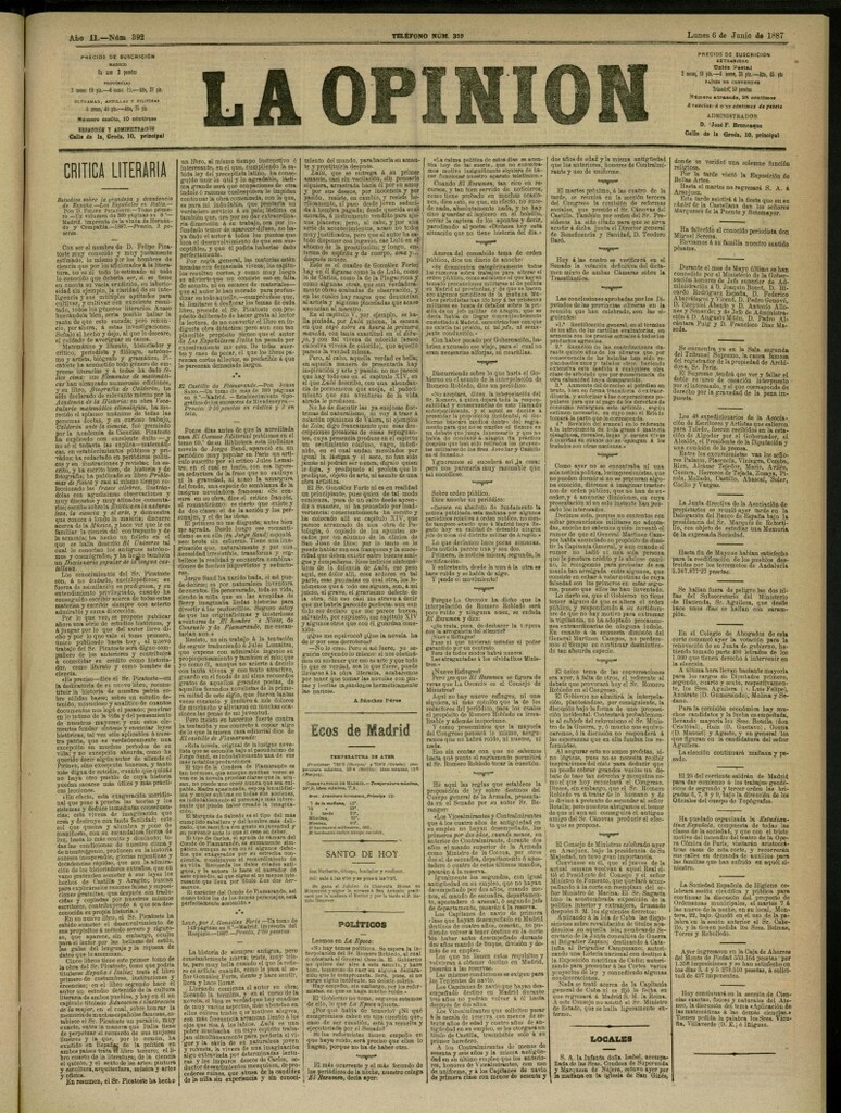 Miniatura de La Opinión del 6 de junio de 1887, nº 392