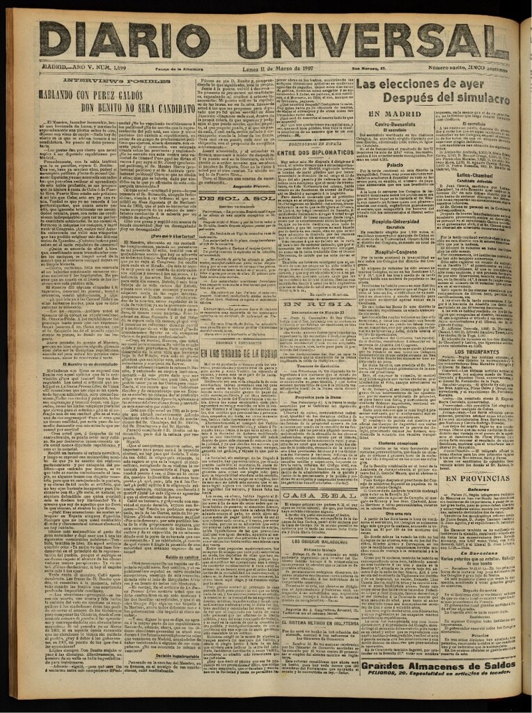 Miniatura de Diario Universal del 11 de marzo de 1907, edición de tarde