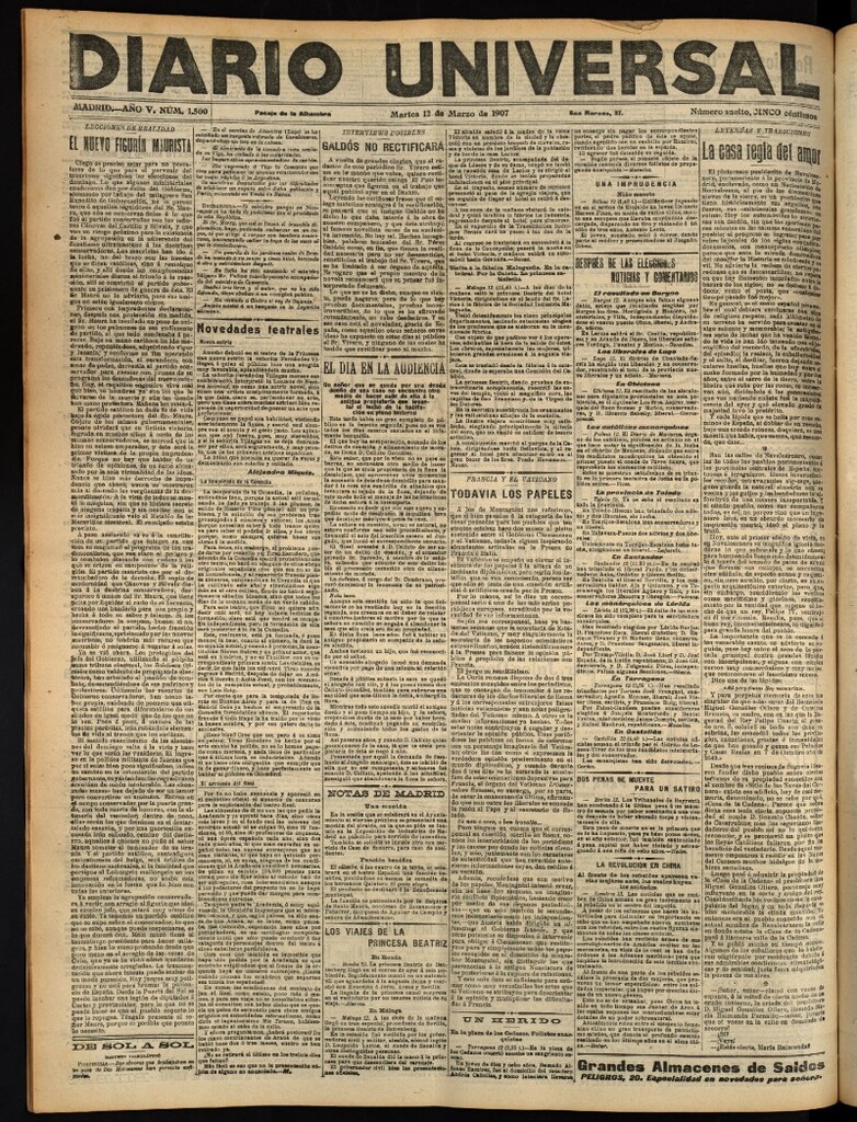 Miniatura de Diario Universal del 12 de marzo de 1907, edición de noche