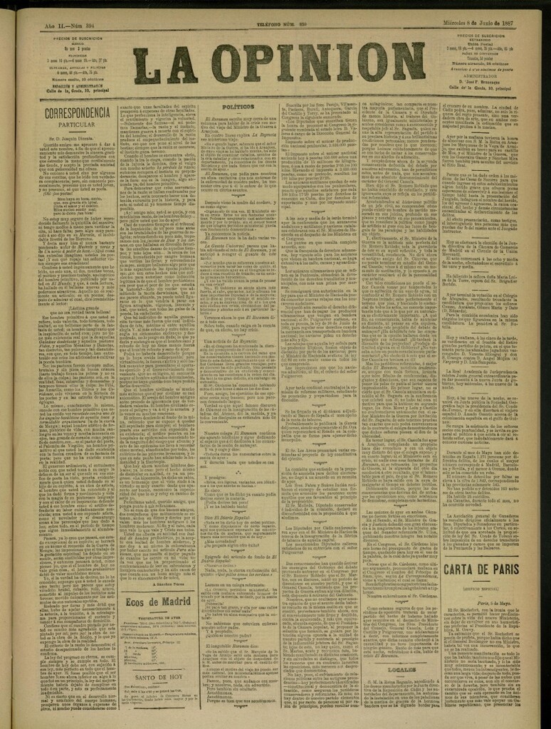 Miniatura de La Opinión del 8 de junio de 1887, nº 394