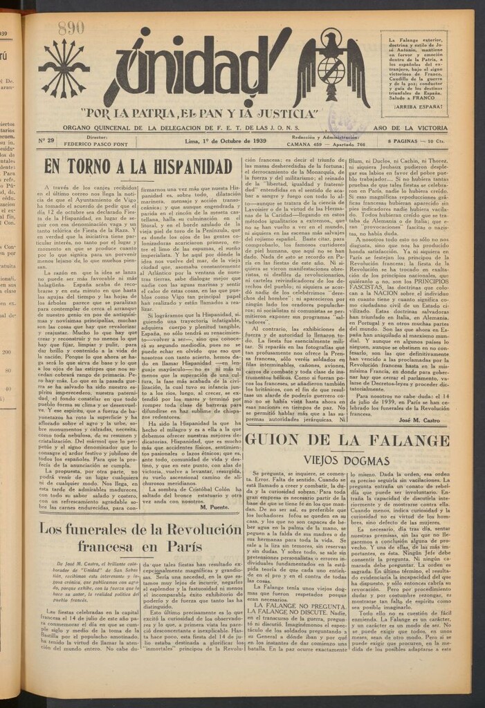 Miniatura de ¡Unidad! : órgano quincenal de la delegación de F.E.T. de las J.O.N.S. del 1 de octubre de 1939