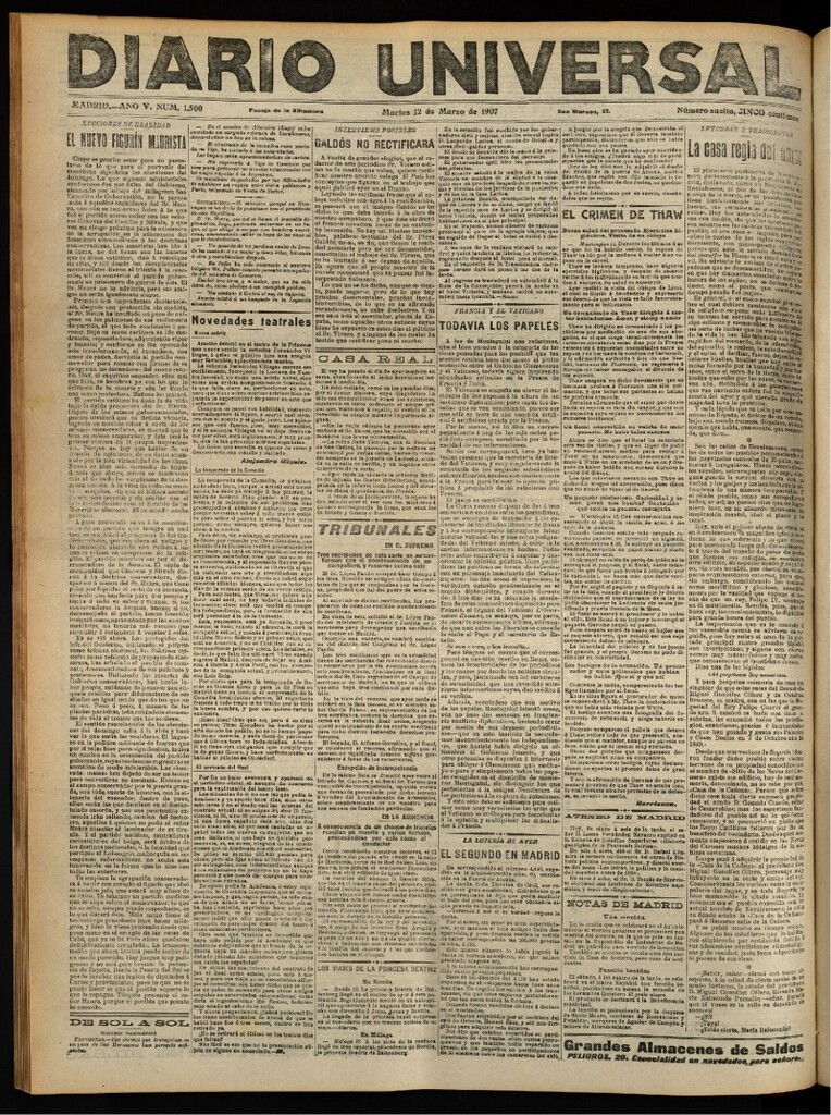 Miniatura de Diario Universal del 12 de marzo de 1907, edición de tarde