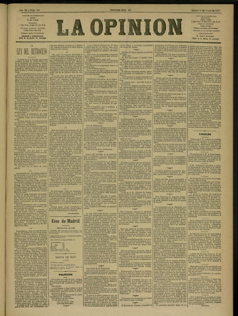 Miniatura de La Opinión del 11 de junio de 1887, nº 396