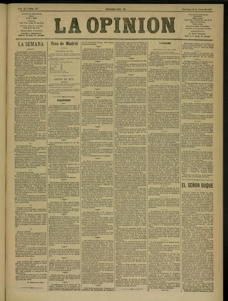 Miniatura de La Opinión del 12 de junio de 1887, nº 397