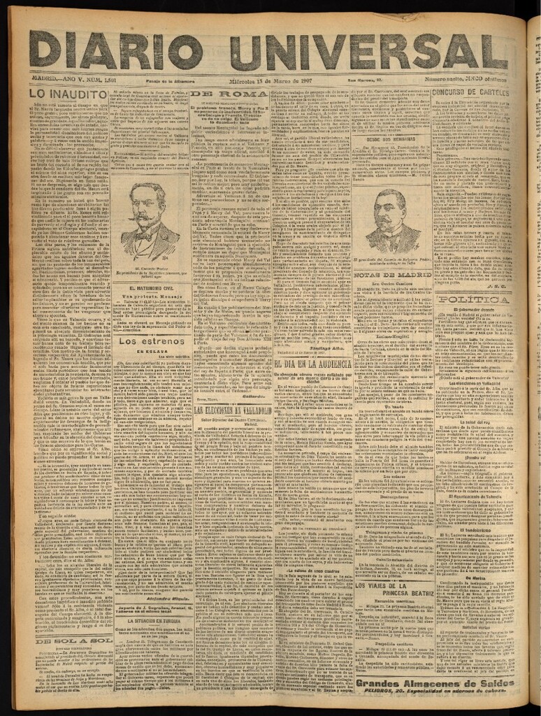Miniatura de Diario Universal del 13 de marzo de 1907, edición de noche