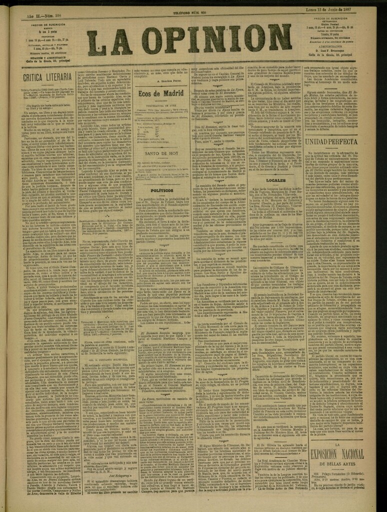 Miniatura de La Opinión del 13 de junio de 1887, nº 398