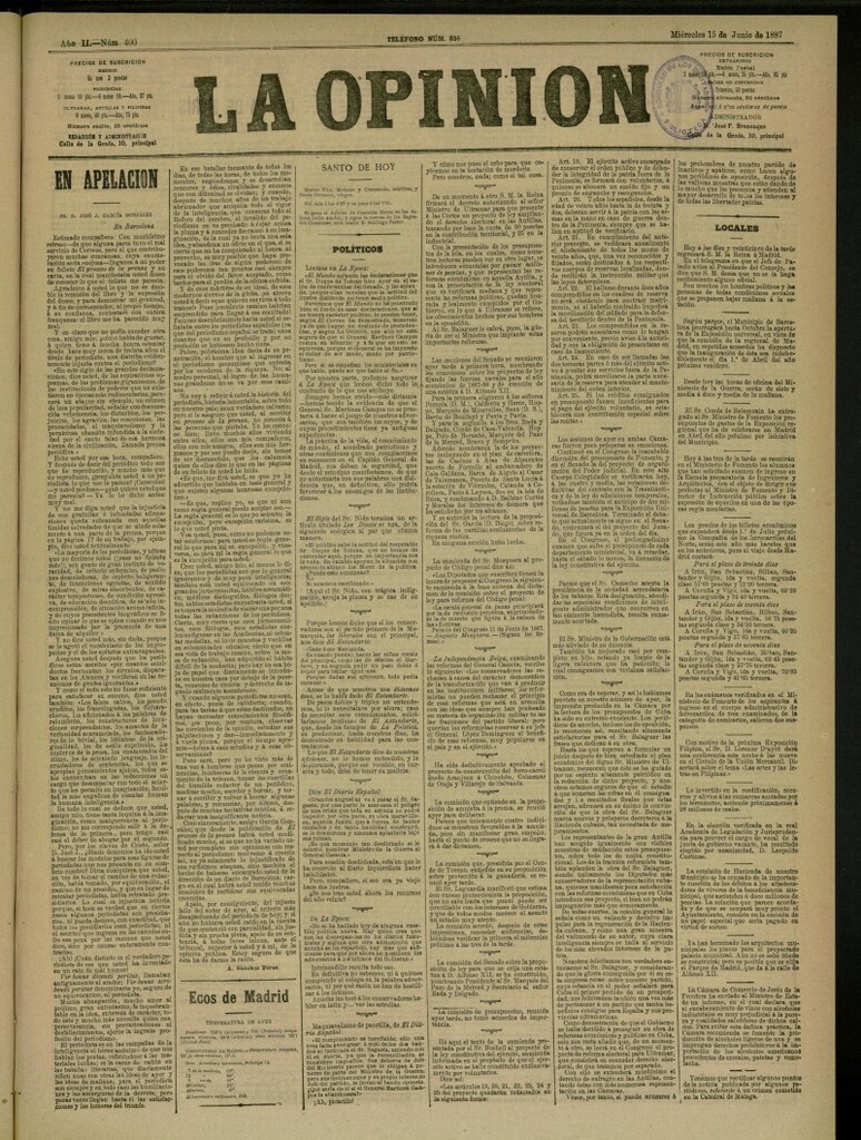 Miniatura de La Opinión del 15 de junio de 1887, nº 400