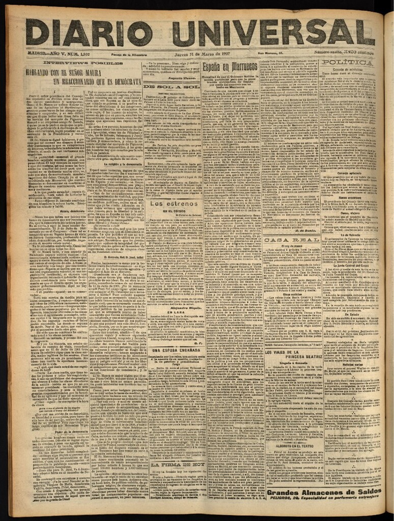 Miniatura de Diario Universal del 14 de marzo de 1907, edición de noche