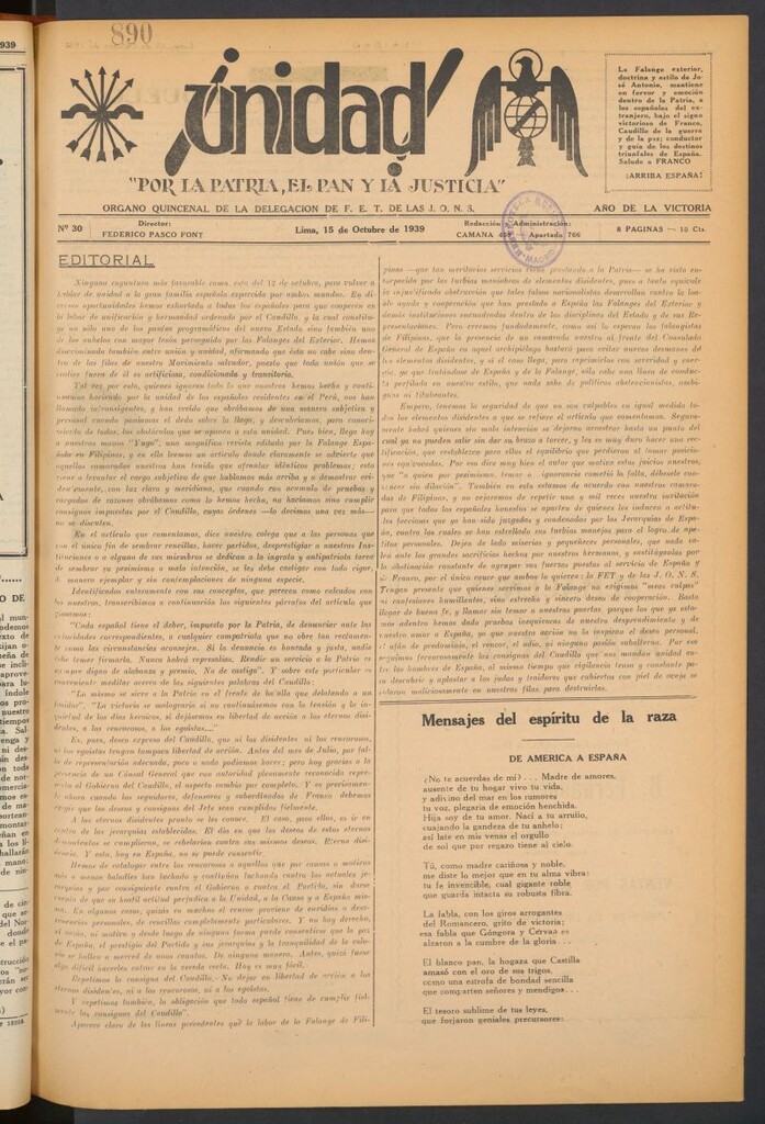 Miniatura de ¡Unidad! : órgano quincenal de la delegación de F.E.T. de las J.O.N.S. del 15 de octubre de 1939