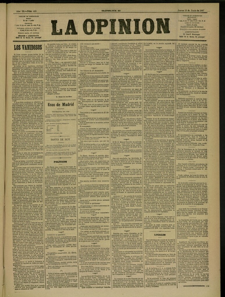 Miniatura de La Opinión del 16 de junio de 1887, nº 401