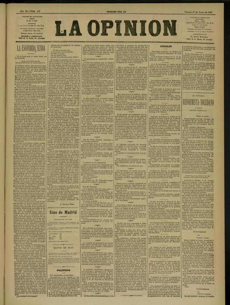 Miniatura de La Opinión del 17 de junio de 1887, nº 402