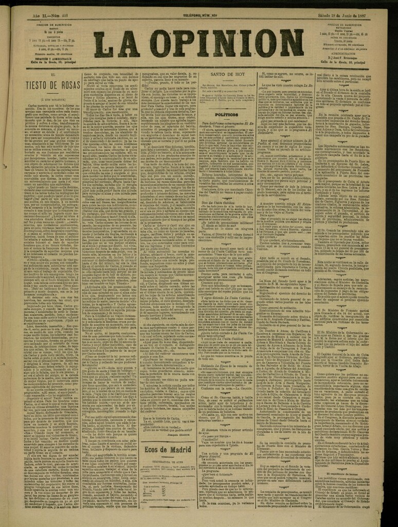 Miniatura de La Opinión del 18 de junio de 1887, nº 403