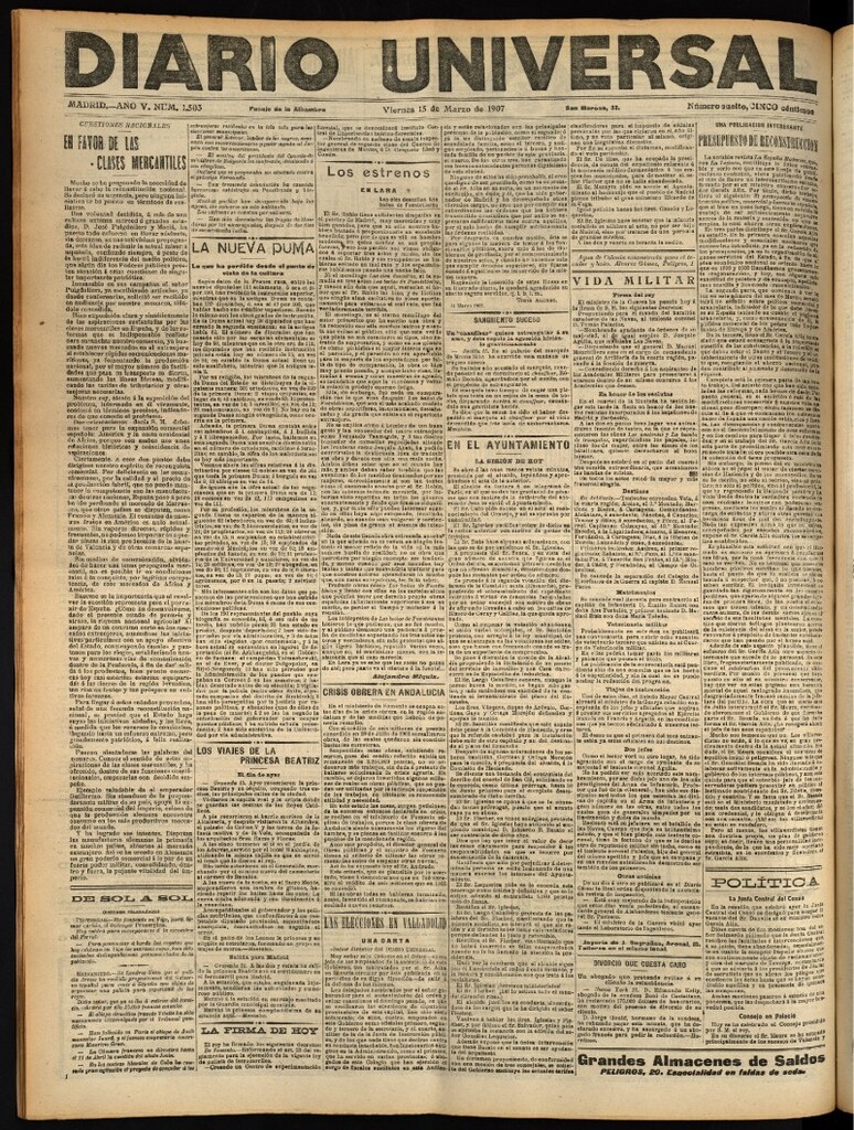 Miniatura de Diario Universal del 15 de marzo de 1907, edición de noche