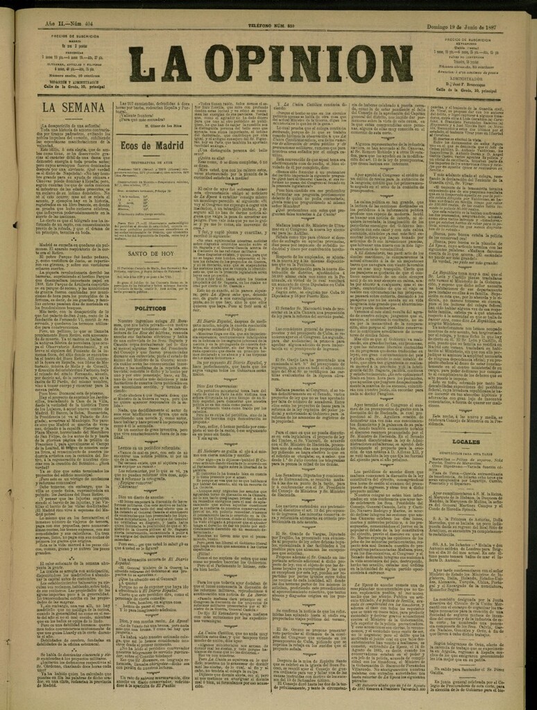 Miniatura de La Opinión del 19 de junio de 1887, nº 404