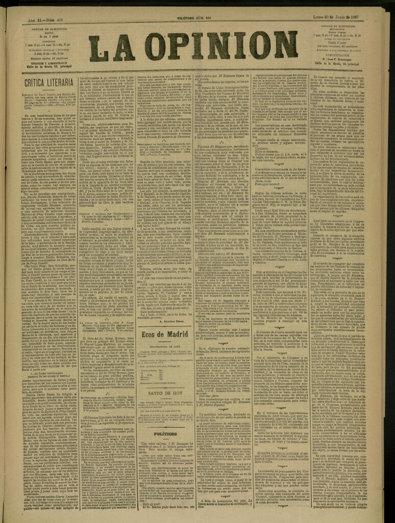Miniatura de La Opinión del 20 de junio de 1887, nº 405