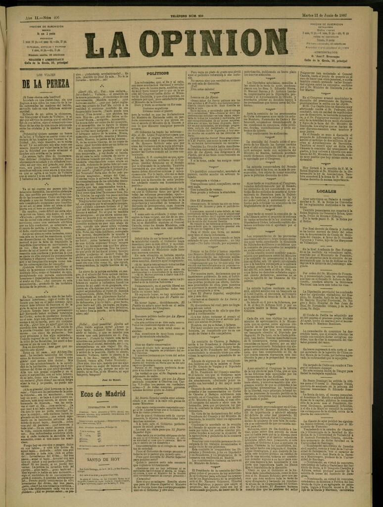 Miniatura de La Opinión del 21 de junio de 1887, nº 406
