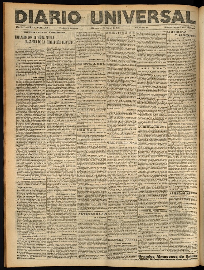 Miniatura de Diario Universal del 16 de marzo de 1907, edición de noche