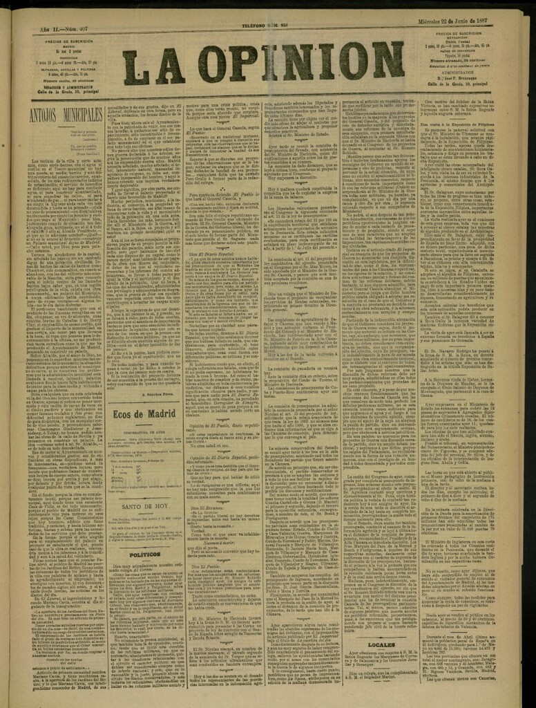 Miniatura de La Opinión del 22 de junio de 1887, nº 407