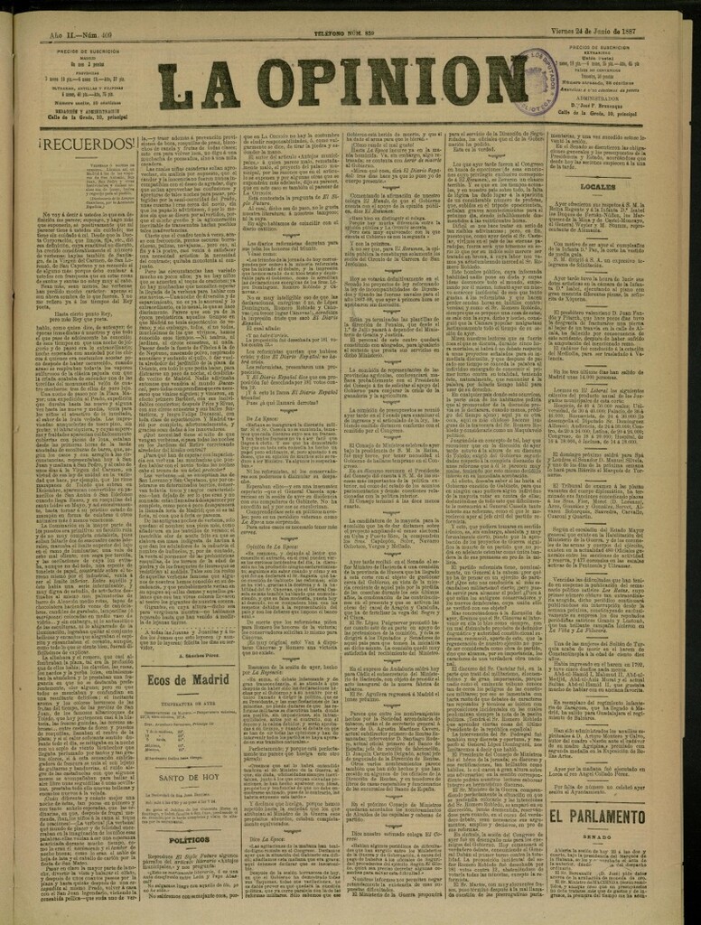 Miniatura de La Opinión del 24 de junio de 1887, nº 409