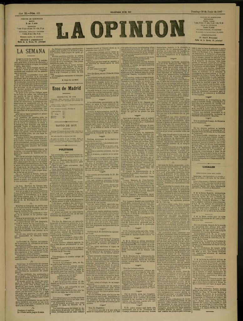 Miniatura de La Opinión del 26 de junio de 1887, nº 411
